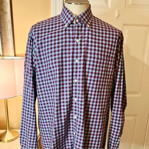 EEUC Mens Peter Millar Button Front Purple / Turquoise Gingham Check Shirt LARGE
